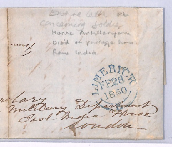 GB Ireland EAST INDIA MILITARY Cover Limerick 1850 HORSE ARTILLERY Soldier XK257