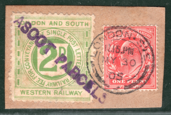 GB KEVII LSWR RAILWAY Letter Stamp 2d ASCOT PARCELS 1905 CDS Piece LIME40 - Image 3