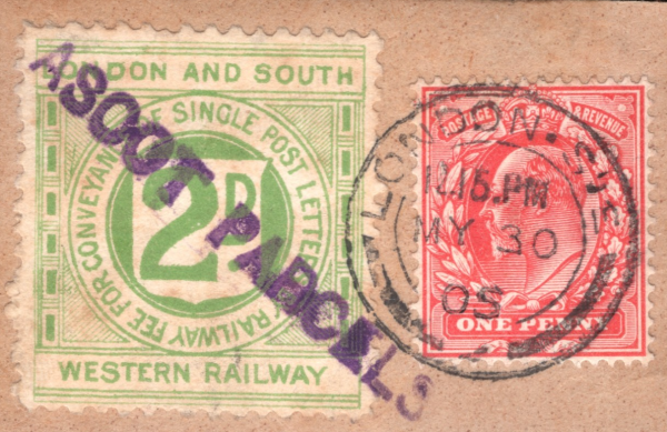 GB KEVII LSWR RAILWAY Letter Stamp 2d ASCOT PARCELS 1905 CDS Piece LIME40
