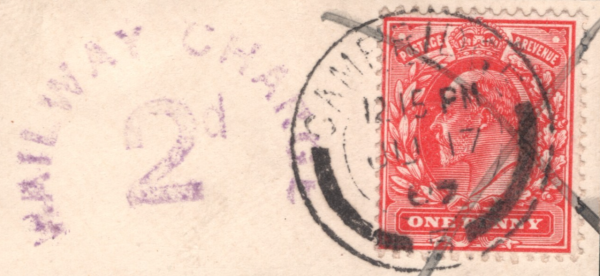 GB KEVII Stamp 1d Red RARE *RAILWAY CHARGE 2d* Handstamp 1907 Used Piece LIME63