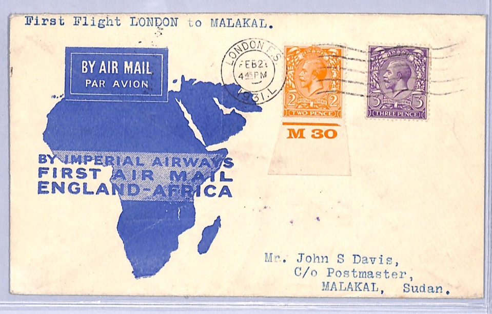 GB KGV 2d CONTROL Air 1931 IMPERIAL Map Cover FIRST FLIGHT SUDAN Malakal VT106 - Image 2