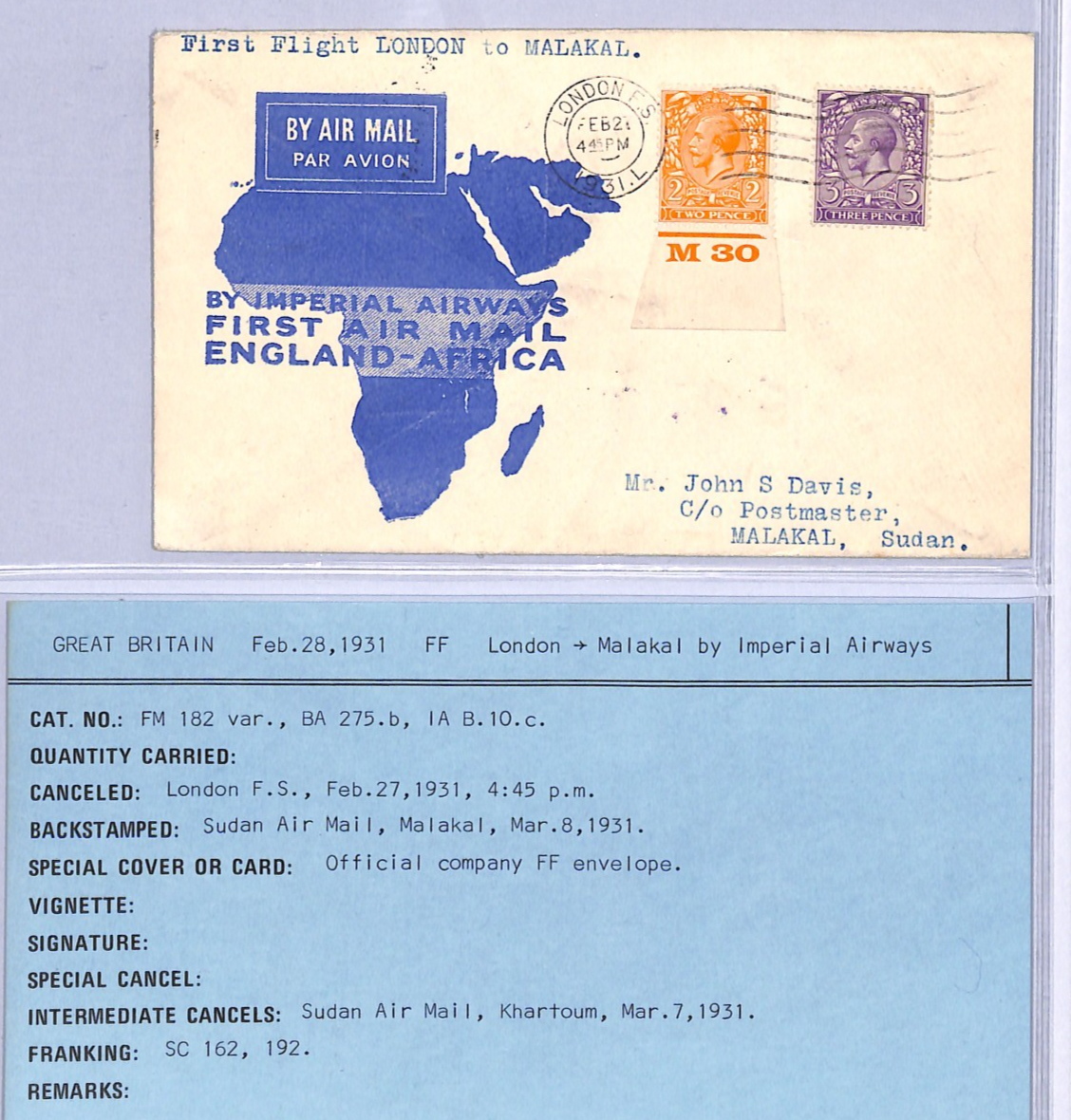 GB KGV 2d CONTROL Air 1931 IMPERIAL Map Cover FIRST FLIGHT SUDAN Malakal VT106 - Image 3