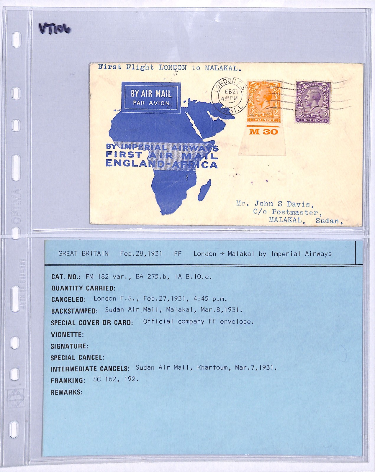 GB KGV 2d CONTROL Air 1931 IMPERIAL Map Cover FIRST FLIGHT SUDAN Malakal VT106 - Image 5