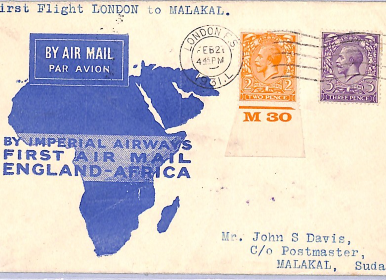 GB KGV 2d CONTROL Air 1931 IMPERIAL Map Cover FIRST FLIGHT SUDAN Malakal VT106