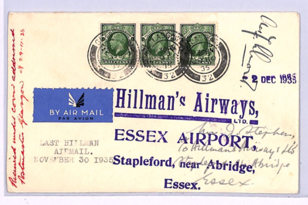 GB KGV Air Cover HILLMAN'S AIRWAYS FLIGHT 1935 Super *Essex Airport* Cachet XA48 - Image 3