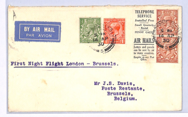 GB KGV Air Mail BOOKLET ADVERT Block Cover 1930 FIRST NIGHT FLIGHT BELGIUM XF136 - Image 3