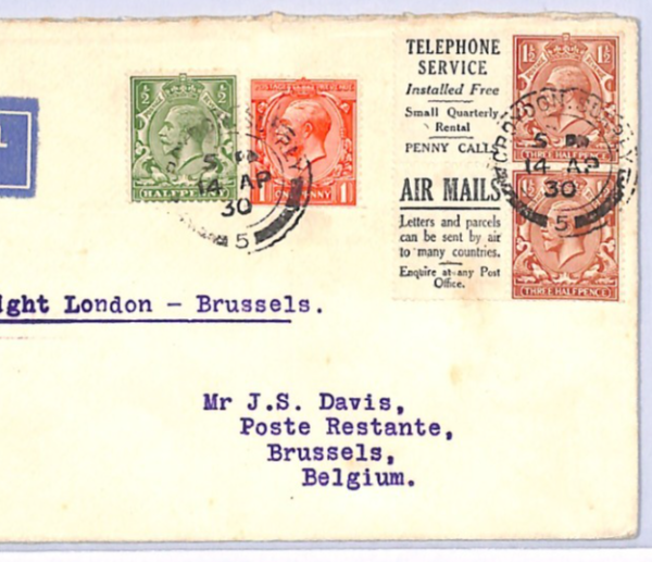 GB KGV Air Mail BOOKLET ADVERT Block Cover 1930 FIRST NIGHT FLIGHT BELGIUM XF136