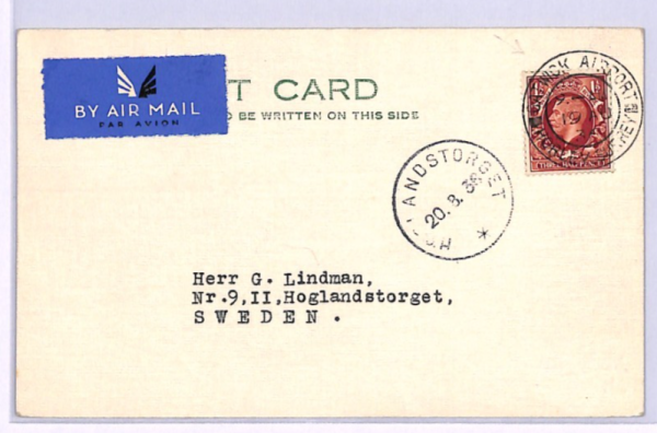 GB KGV Air Mail Postcard *GATWICK AIRPORT* 1938 HORLEY SURREY CDS Sweden XA7 - Image 3