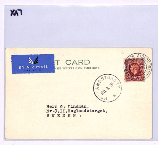 GB KGV Air Mail Postcard *GATWICK AIRPORT* 1938 HORLEY SURREY CDS Sweden XA7 - Image 6