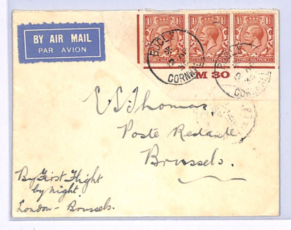 GB KGV CONTROL STRIP Cover 1930 Air FIRST NIGHT FLIGHT BELGIUM Bugle Corn XF133 - Image 3