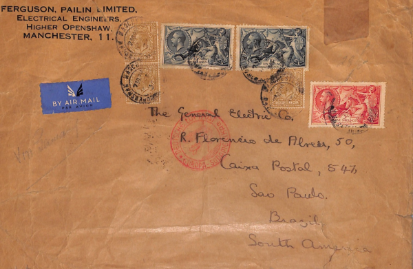 GB KGV Cover 10s SEAHORSE High Values{2} Air Mail 1936 BRAZIL via Germany WT8 - Image 3