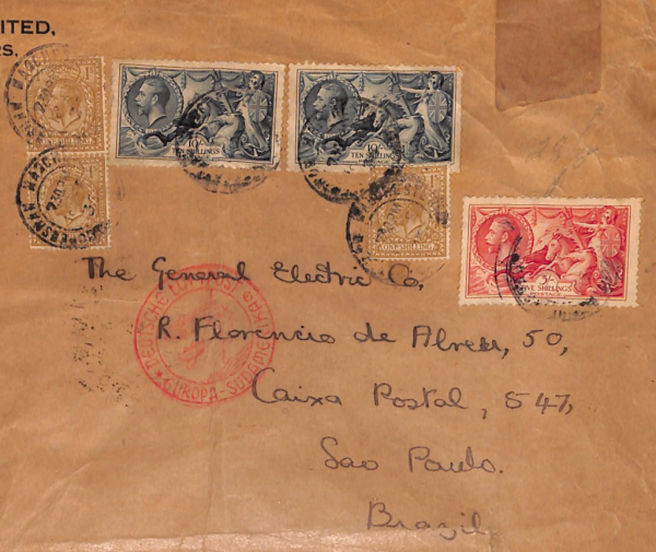GB KGV Cover 10s SEAHORSE High Values{2} Air Mail 1936 BRAZIL via Germany WT8