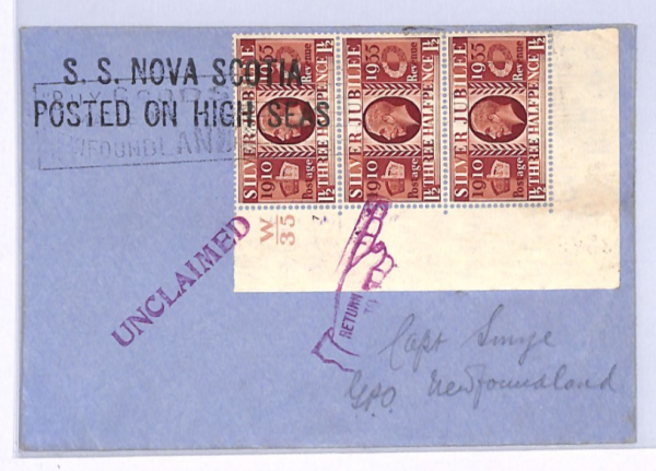 GB KGV Cover SILVER JUBILEE *Control/Cylinder Strip*USED SHIP/NEWFOUNDLAND XF201 - Image 3