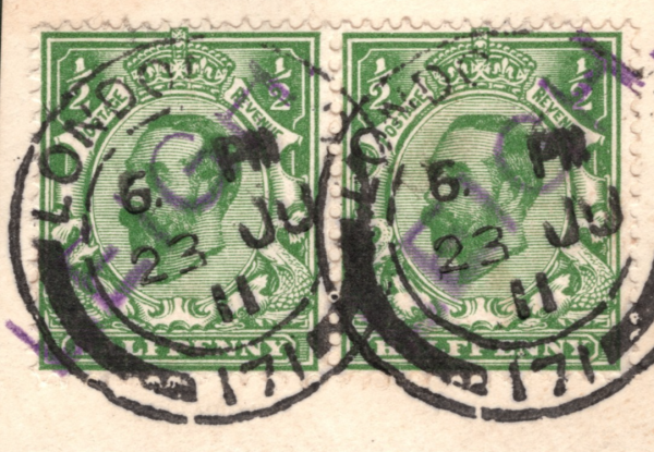 GB KGV Downey ½d Pair Violet *LEIGH* RAILWAY STATION Piece 1911 CDS GR2WHITE47