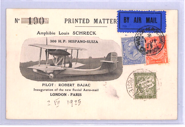 GB KGV ILLUSTRATED Air Mail Card 1925 FIRST FLIGHT France Due BAJAC AVIATION XA1 - Image 4