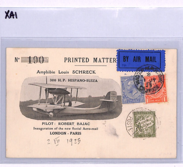 GB KGV ILLUSTRATED Air Mail Card 1925 FIRST FLIGHT France Due BAJAC AVIATION XA1 - Image 6