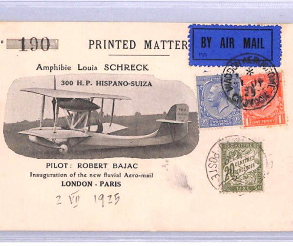 GB KGV ILLUSTRATED Air Mail Card 1925 FIRST FLIGHT France Due BAJAC AVIATION XA1