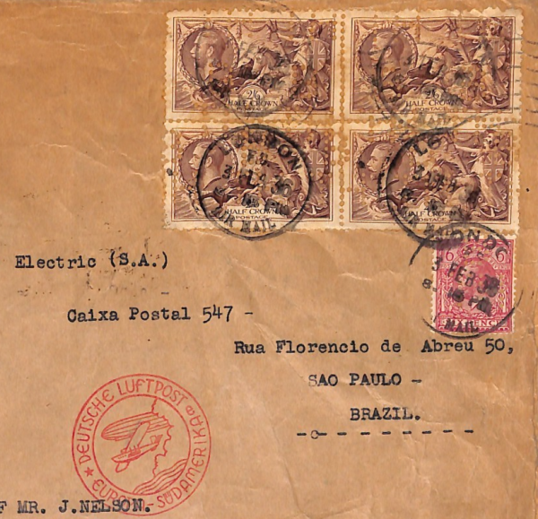 GB KGV SEAHORSE Perfin BLOCK Air Mail 1936 Cover London BRAZIL via Germany WT10 - Image 3