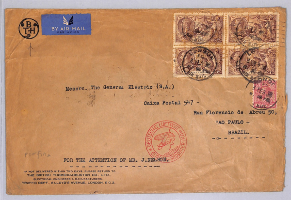 GB KGV SEAHORSE Perfin BLOCK Air Mail 1936 Cover London BRAZIL via Germany WT10 - Image 4