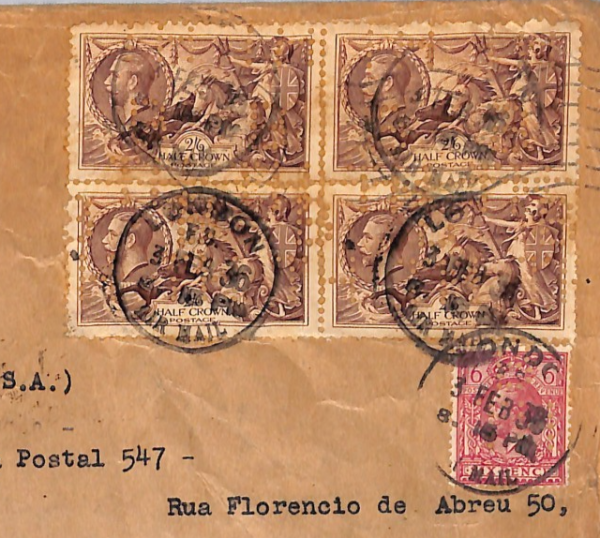 GB KGV SEAHORSE Perfin BLOCK Air Mail 1936 Cover London BRAZIL via Germany WT10