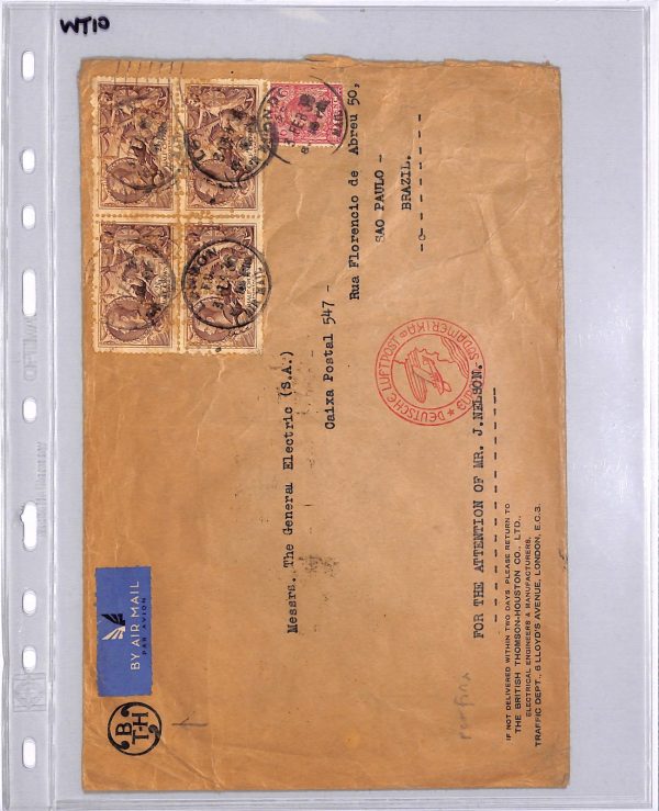 GB KGV SEAHORSE Perfin BLOCK Air Mail 1936 Cover London BRAZIL via Germany WT10 - Image 8