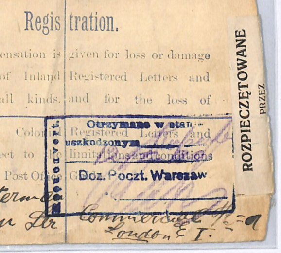 GB KGV SG.361 Cover 1919 Reg POLAND MAIL Warsaw *DAMAGED* Explanatory WX169