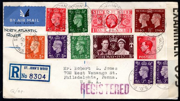 GB KGV SILVER JUBILEE Cover MIXED REIGNS Transatlantic Air WW2 Censor USA MC131a - Image 3