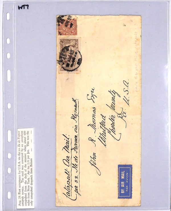 GB KGV Seahorse Cover FIRST CATAPULT MAIL Air 1928 USA Per SS *ILE DE FRANCE*WT7 - Image 9