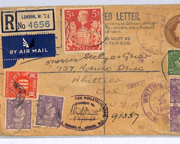 GB KGVI Cover 5s ARMS High Value Registered Air CALIFORNIA USA Postage Dues XK20