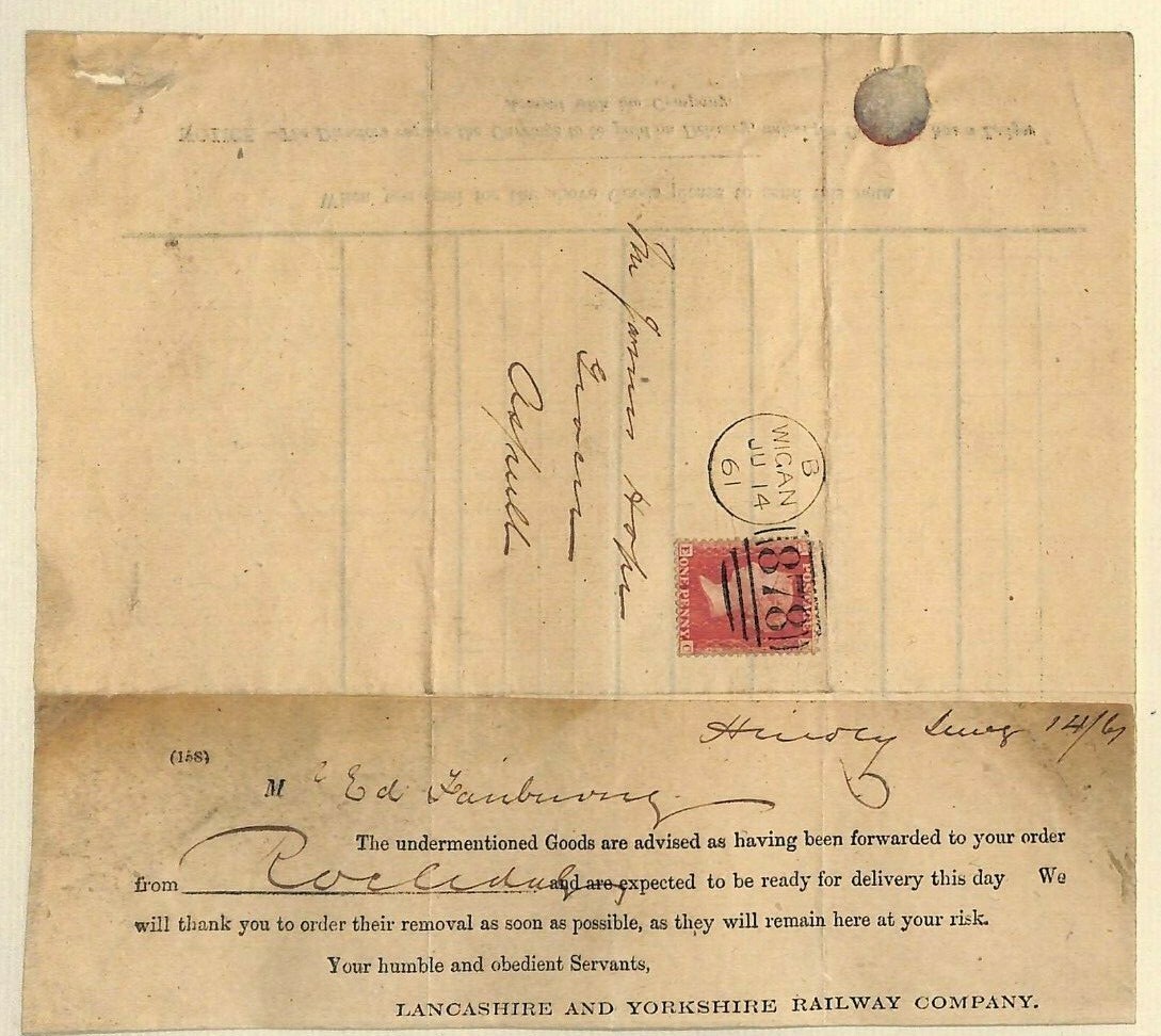 GB LANCS & YORKS RAILWAY Way Bill *POSTAL COVER* QV Penny Red 1861 Wigan MS3752 - Image 2
