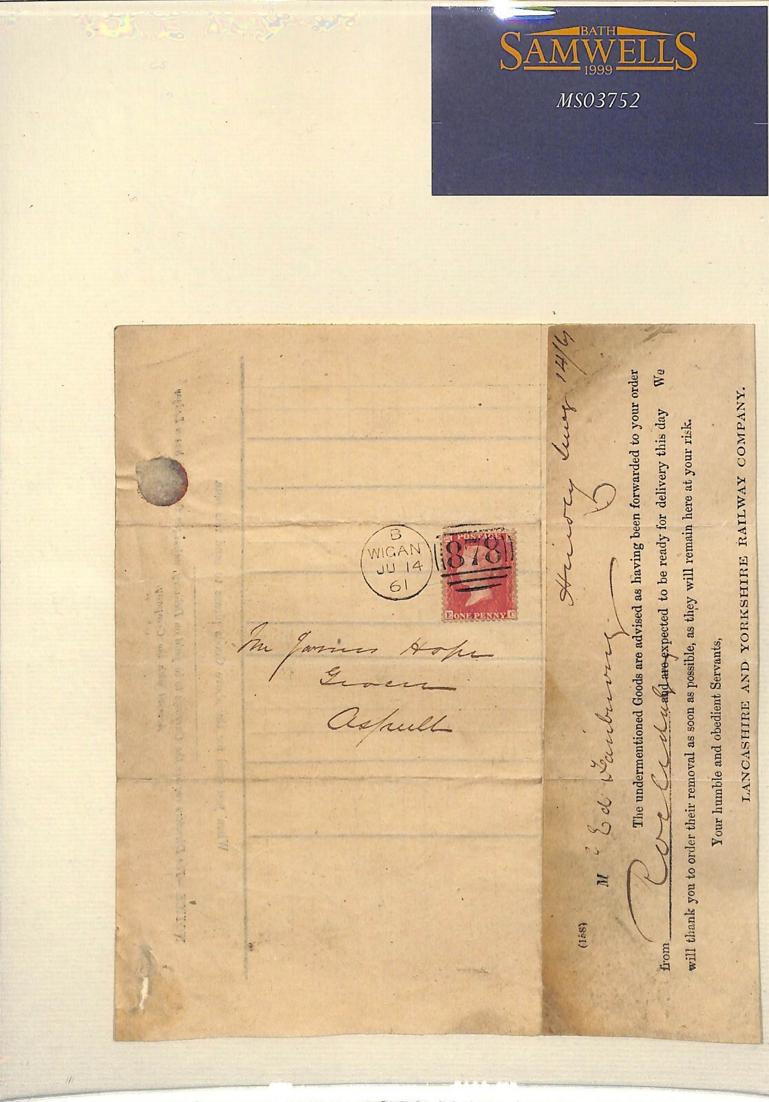 GB LANCS & YORKS RAILWAY Way Bill *POSTAL COVER* QV Penny Red 1861 Wigan MS3752 - Image 4
