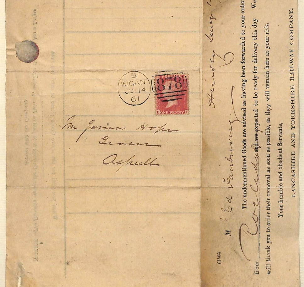 GB LANCS & YORKS RAILWAY Way Bill *POSTAL COVER* QV Penny Red 1861 Wigan MS3752