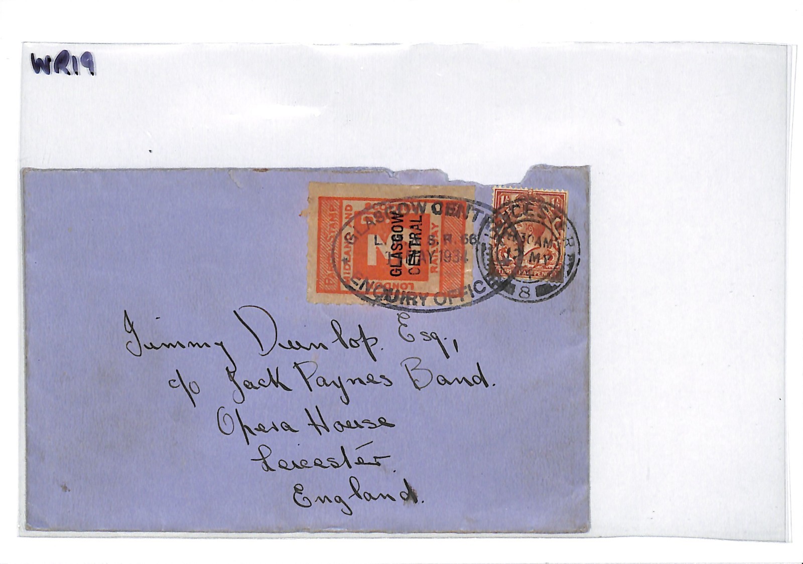 GB LMS 3d RAILWAY PARCEL STAMP Cover Glasgow LETTER Leicester 1934 OPERA WR19 - Image 5