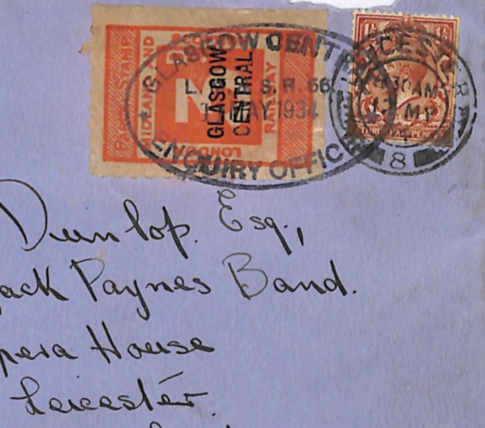 GB LMS 3d RAILWAY PARCEL STAMP Cover Glasgow LETTER Leicester 1934 OPERA WR19