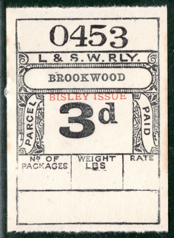 GB LSWR RAILWAY Parcel Stamp *BISLEY ISSUE* 3d Mint BROCKWOOD Surrey GWHITE43