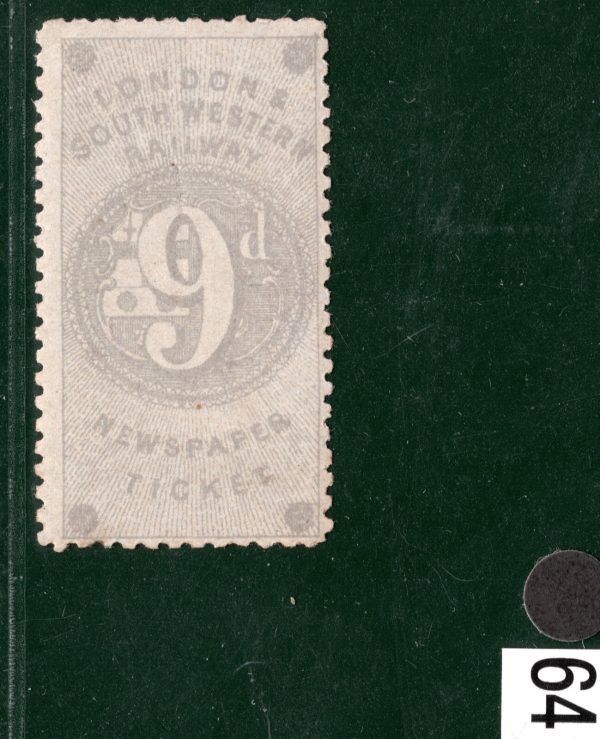 GB LSWR RAILWAY QV *Newspaper Ticket* Stamp 9d Grey (c1868) Mint B2WHITE64 - Image 4