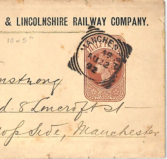 GB MANCHESTER SHEFFIELD LINCOLNSHIRE RAILWAY Co QV Stationery Wrapper 1892 WR63 - Image 2