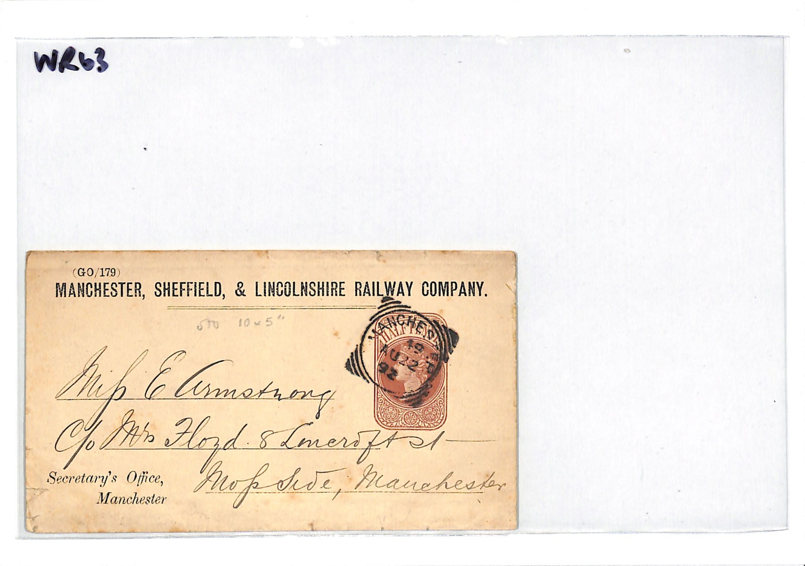 GB MANCHESTER SHEFFIELD LINCOLNSHIRE RAILWAY Co QV Stationery Wrapper 1892 WR63 - Image 5