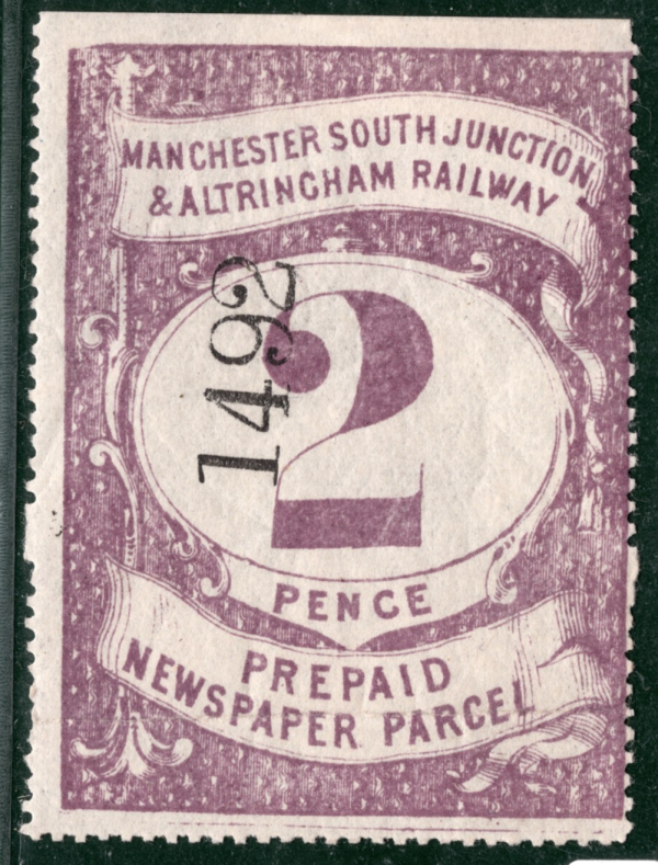 GB MSJ&AR RAILWAY Newspaper Parcel Stamp 2d *MANCHESTER ALTRINCHAM* Mint WHITE17