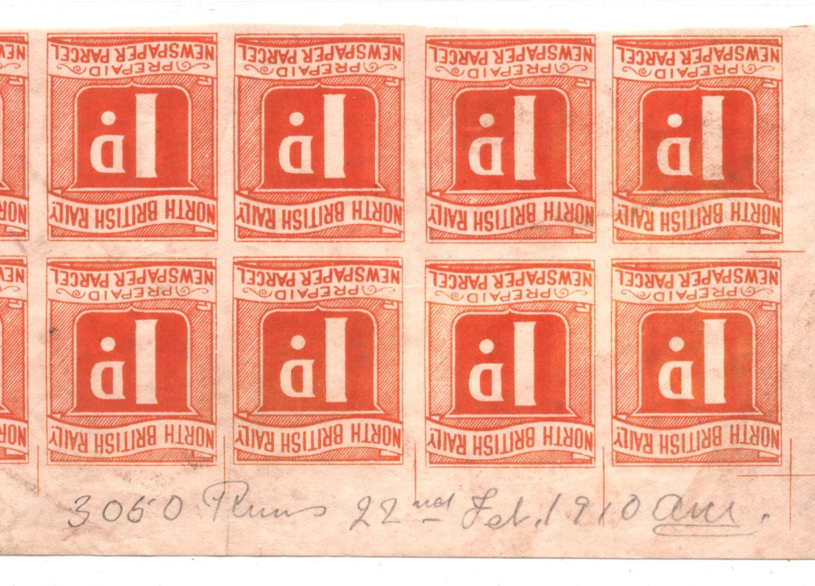 GB NORTH BRITISH RAILWAY Newspaper Parcel Stamp *PROOF* 1d (1910) BLOCK{10} RS42 - Image 3
