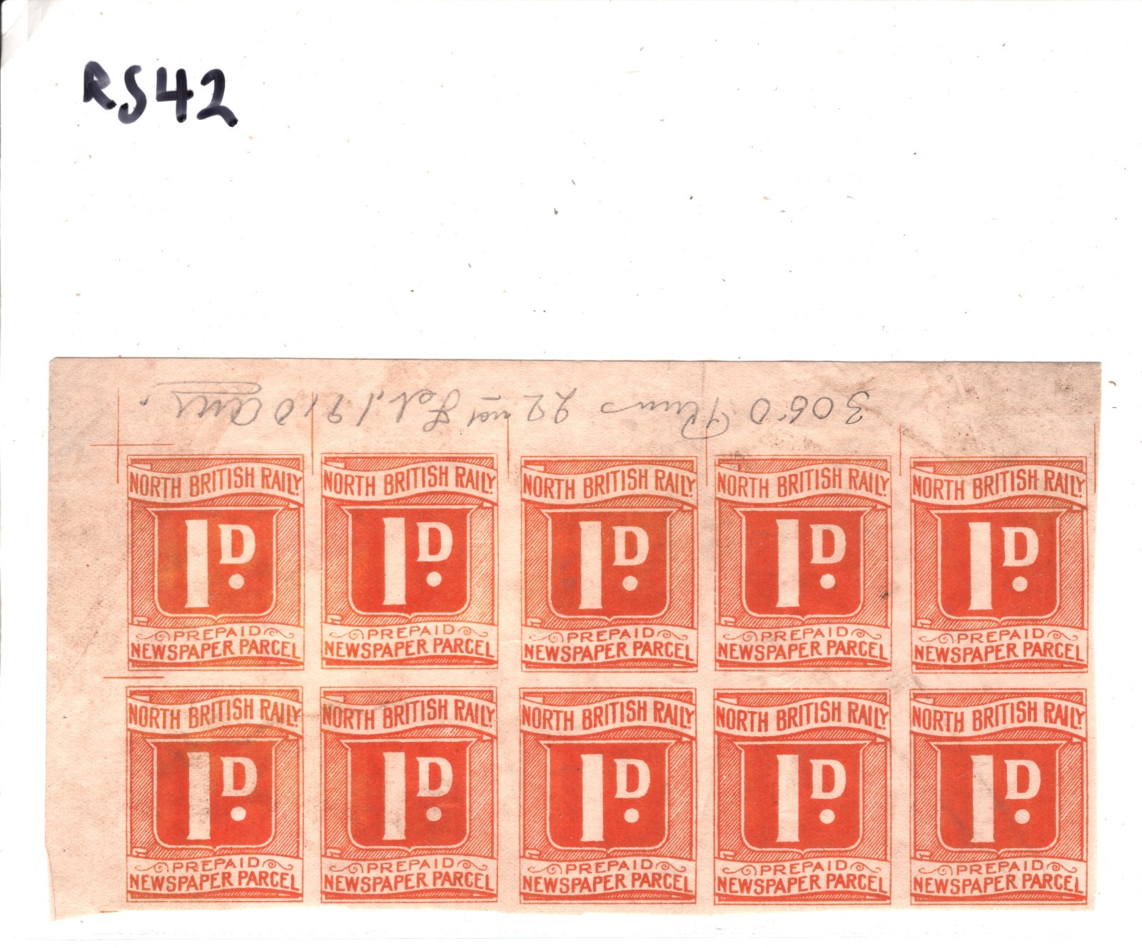 GB NORTH BRITISH RAILWAY Newspaper Parcel Stamp *PROOF* 1d (1910) BLOCK{10} RS42 - Image 7
