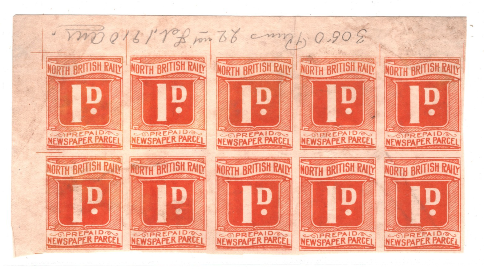 GB NORTH BRITISH RAILWAY Newspaper Parcel Stamp *PROOF* 1d (1910) BLOCK{10} RS42