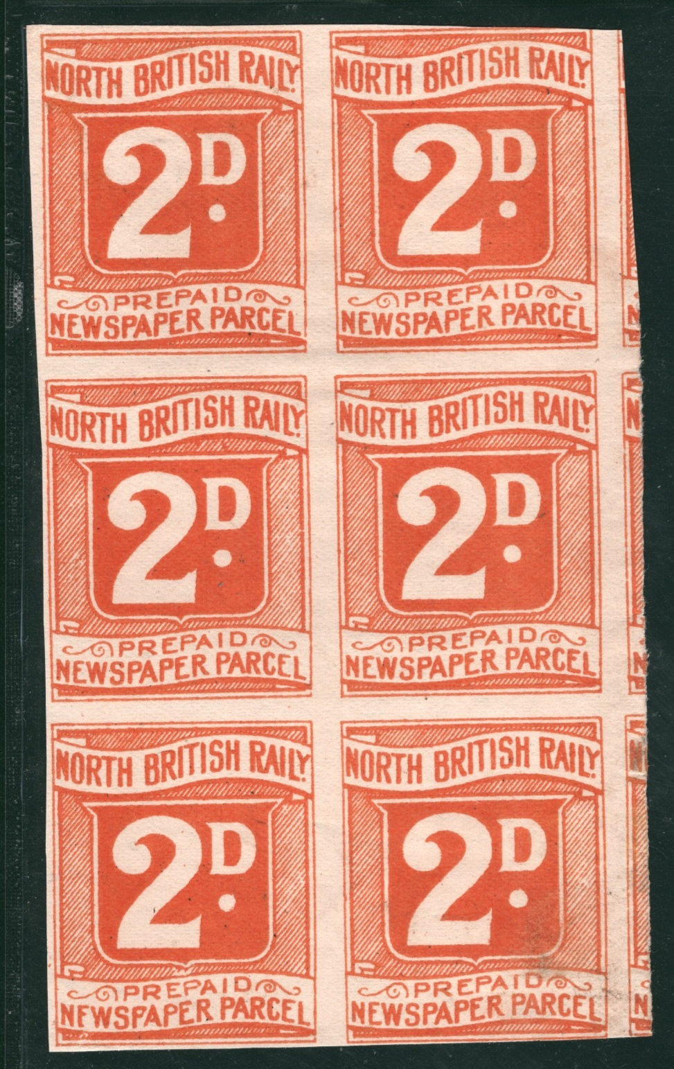GB NORTH BRITISH RAILWAY Newspaper Stamp 2d Imperf BLOCK{6} NBR Mint MNG VB25
