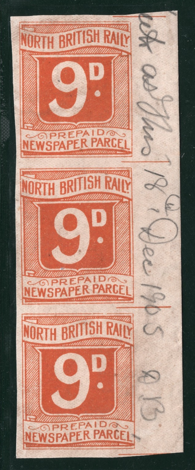 GB NORTH BRITISH RAILWAY Newspaper Stamp 9d NBR Imperf *PROOF* (1905) STRIP VB2 - Image 3
