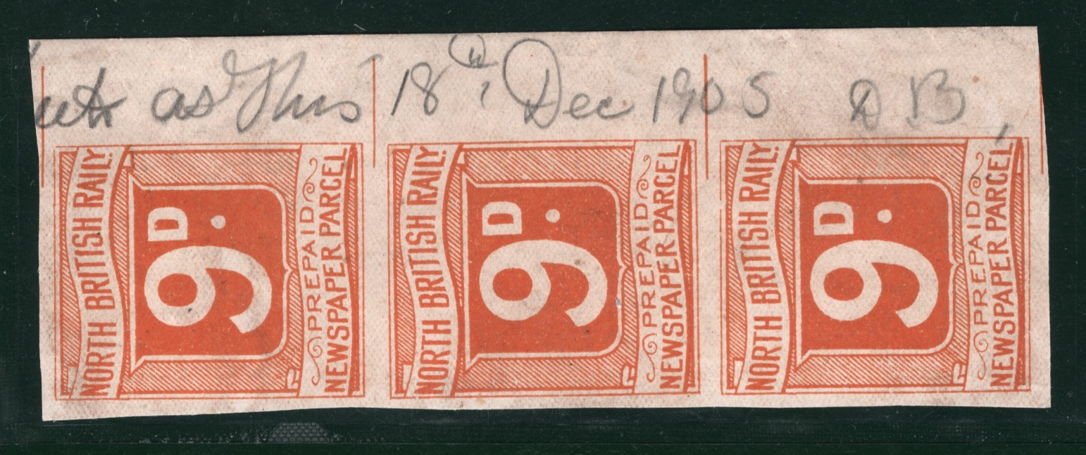 GB NORTH BRITISH RAILWAY Newspaper Stamp 9d NBR Imperf *PROOF* (1905) STRIP VB2