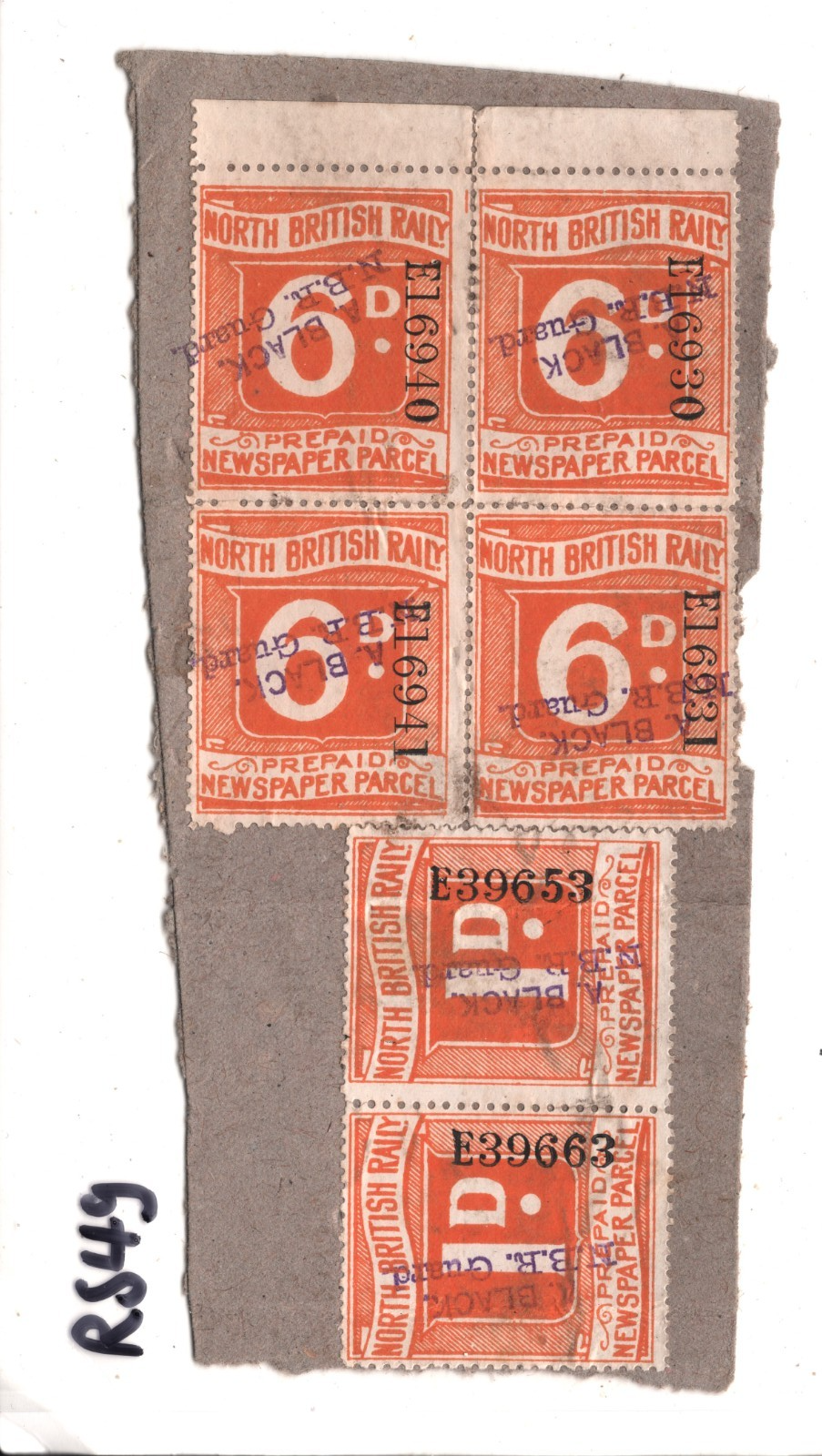 GB NORTH BRITISH RAILWAY Newspaper Stamps 1d 6d Block{4} *NBR Guard* Piece RS49 - Image 3