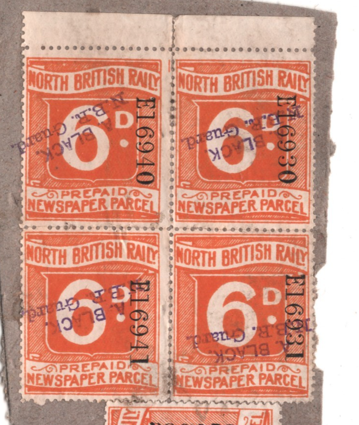 GB NORTH BRITISH RAILWAY Newspaper Stamps 1d 6d Block{4} *NBR Guard* Piece RS49 - Image 6