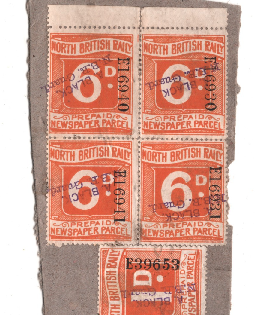 GB NORTH BRITISH RAILWAY Newspaper Stamps 1d 6d Block{4} *NBR Guard* Piece RS49