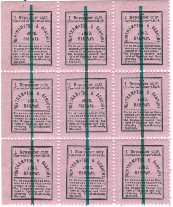 GB NORTHAMPTON & BANBURY JUNC RAILWAY Newspaper Parcel QV Stamp BLOCK 9 MNH RS62