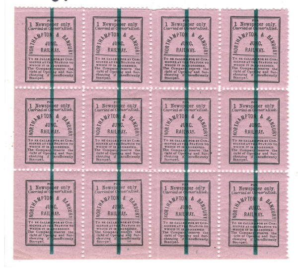 GB NORTHAMPTON & BANBURY JUNCTION RAILWAY Newspaper Stamp Block{12} Mint MM RS61